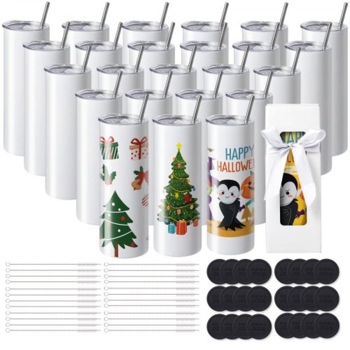 VEVOR 24 Pack Straight Sublimation Tumblers, 591,5 ml Blank Tumbler Bulk, από ανοξείδωτο χάλυβα διπλού τοιχώματος ποτηράκια με άχυρο, καπάκι, βούρτσα, βάση, συρρικνωμένο περιτύλιγμα, κουτί δώρου, για πρέσα θερμότητας και μεταφορά θερμότητας