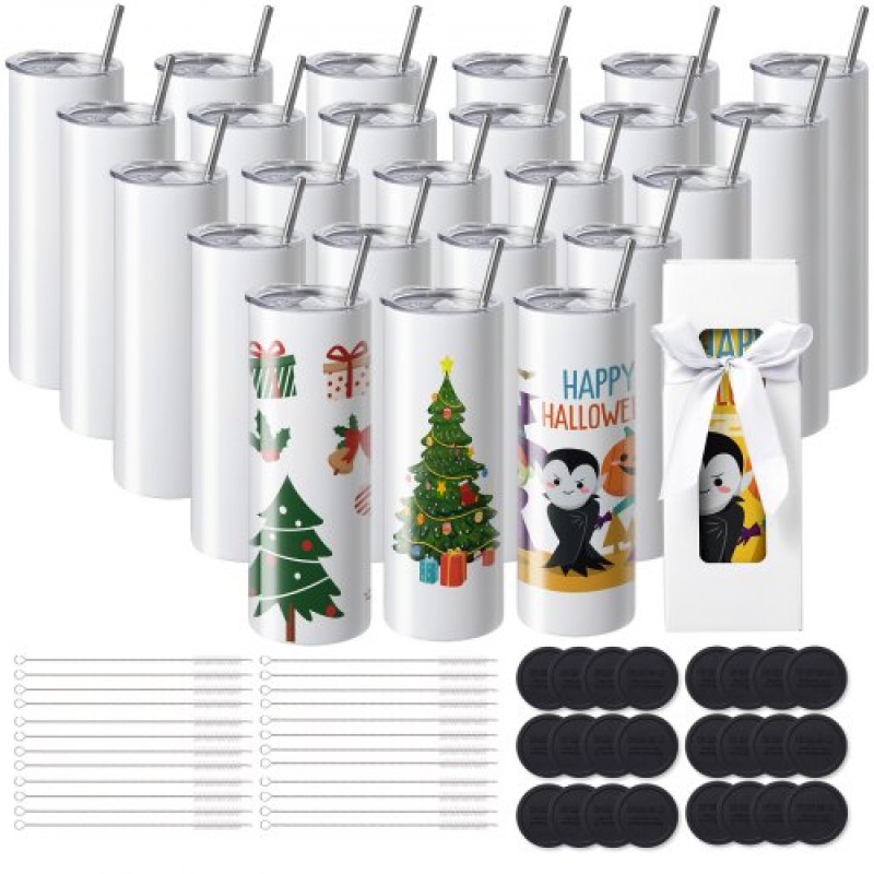 VEVOR 24 Pack Straight Sublimation Tumblers, 591,5 ml Blank Tumbler Bulk, από ανοξείδωτο χάλυβα διπλού τοιχώματος ποτηράκια με άχυρο, καπάκι, βούρτσα, βάση, συρρικνωμένο περιτύλιγμα, κουτί δώρου, για πρέσα θερμότητας και μεταφορά θερμότητας