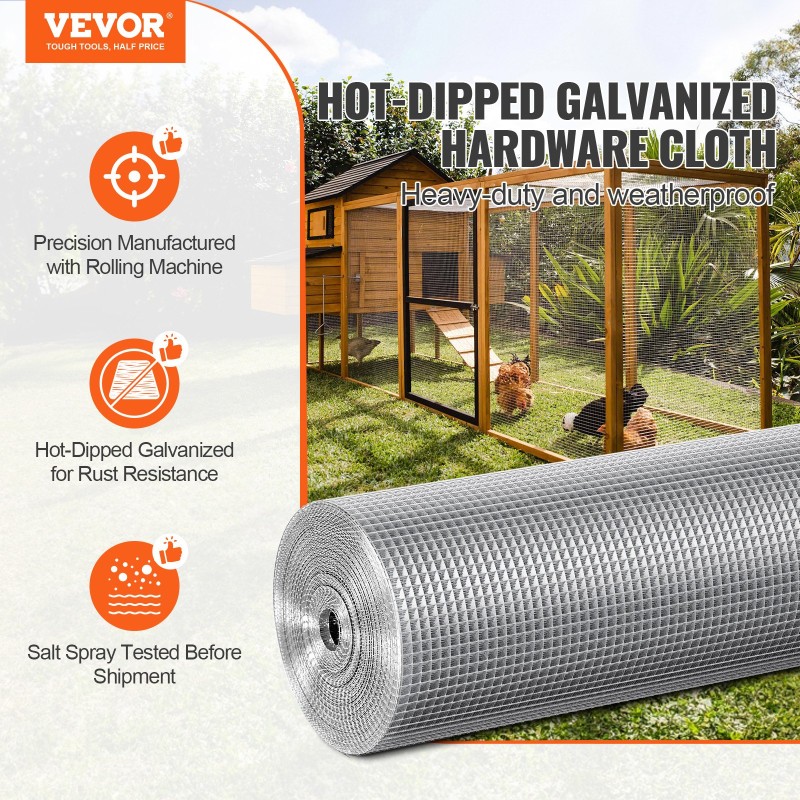 Ύφασμα υλικού VEVOR, 1/4 ίντσας 36 ιντσών x 50 πόδια 23 μετρητή, γαλβανισμένο ρολό από συρμάτινο πλέγμα εν θερμώ, περίφραξη από σύρμα κοτόπουλου, συρμάτινο πλέγμα για κλουβιά κουνελιών, κήπος, μικρά τρωκτικά