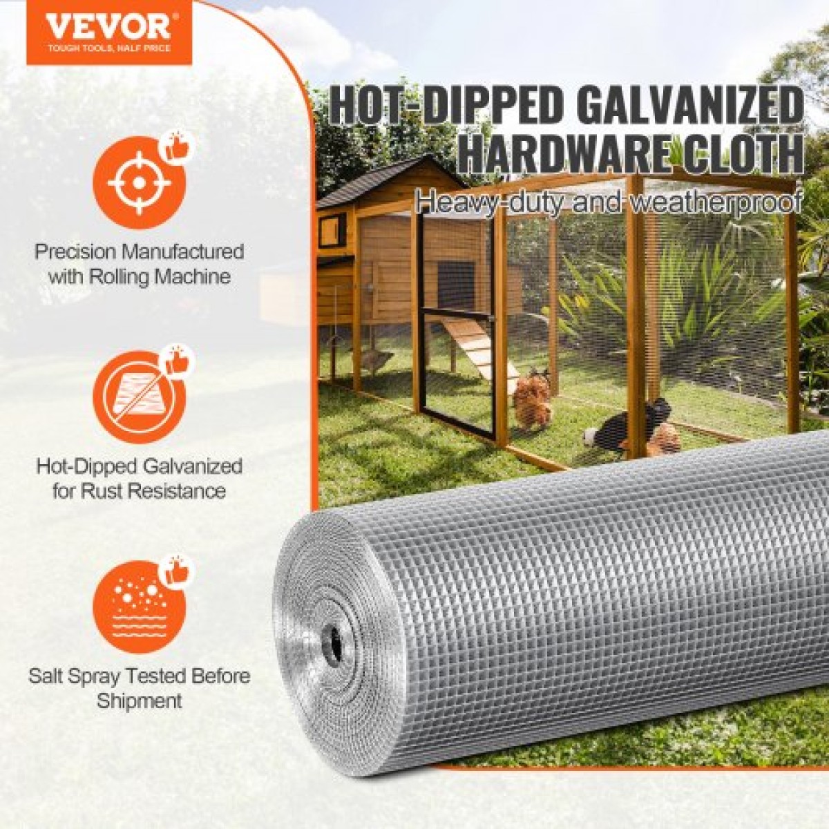 Ύφασμα υλικού VEVOR, 1/4 ίντσας 48 ιντσών x 50 πόδια 23 μετρητή, γαλβανισμένο ρολό από συρμάτινο πλέγμα εν θερμώ, περίφραξη από σύρμα κοτόπουλου, συρμάτινο πλέγμα για κλουβιά κουνελιών, κήπος, μικρά τρωκτικά