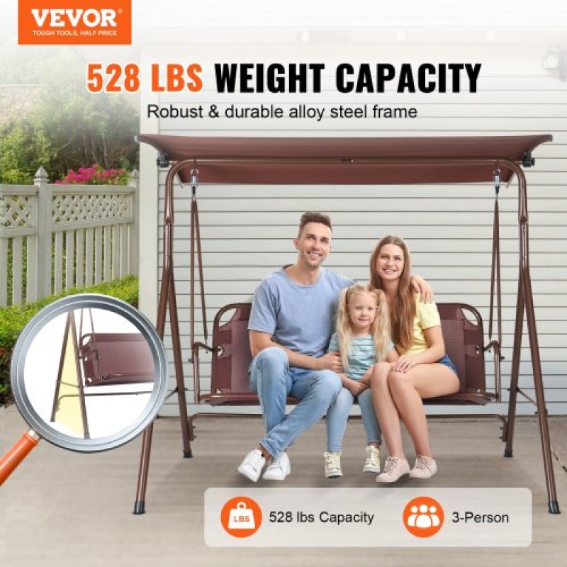 VEVOR 3-Person Patio Swing καρέκλα, Κούνια εξωτερικού χώρου βεράντας με ρυθμιζόμενο κουβούκλιο, κούνια βεράντας με μπράτσα, ύφασμα Teslin και σκελετό από κράμα χάλυβα, για μπαλκόνι, πίσω αυλή, βεράντα, κήπο, δίπλα στην πισίνα, καφέ