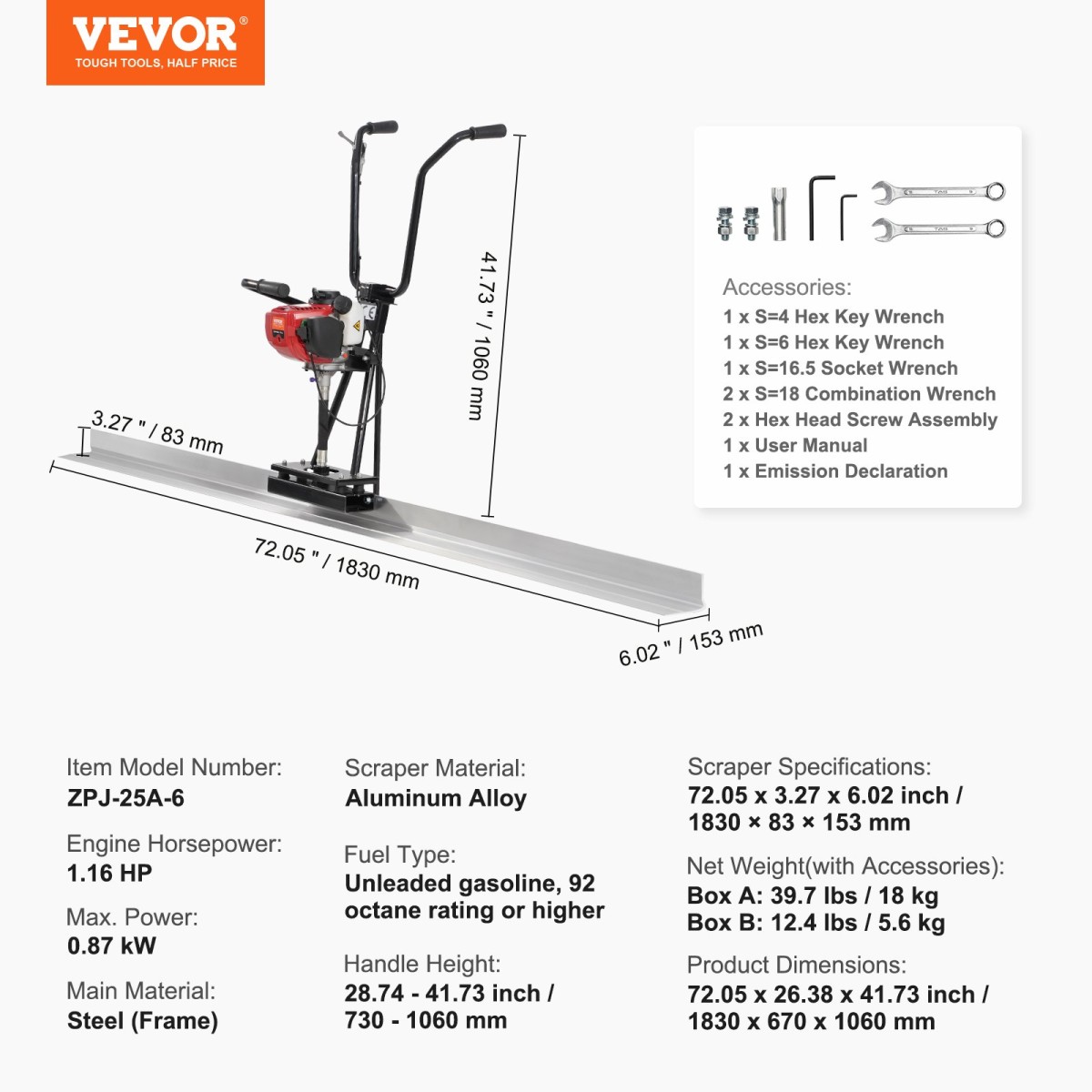 VEVOR Gas Concrete Power Screed, με Σετ ράβδων ίσιας ακμής σανίδας αλουμινίου 1830mm, δονούμενος κινητήρας φινιρίσματος τσιμέντου 4 χρόνων με ρυθμιζόμενες λαβές, εργαλεία σκυροδέματος υψηλής απόδοσης 6500rpm