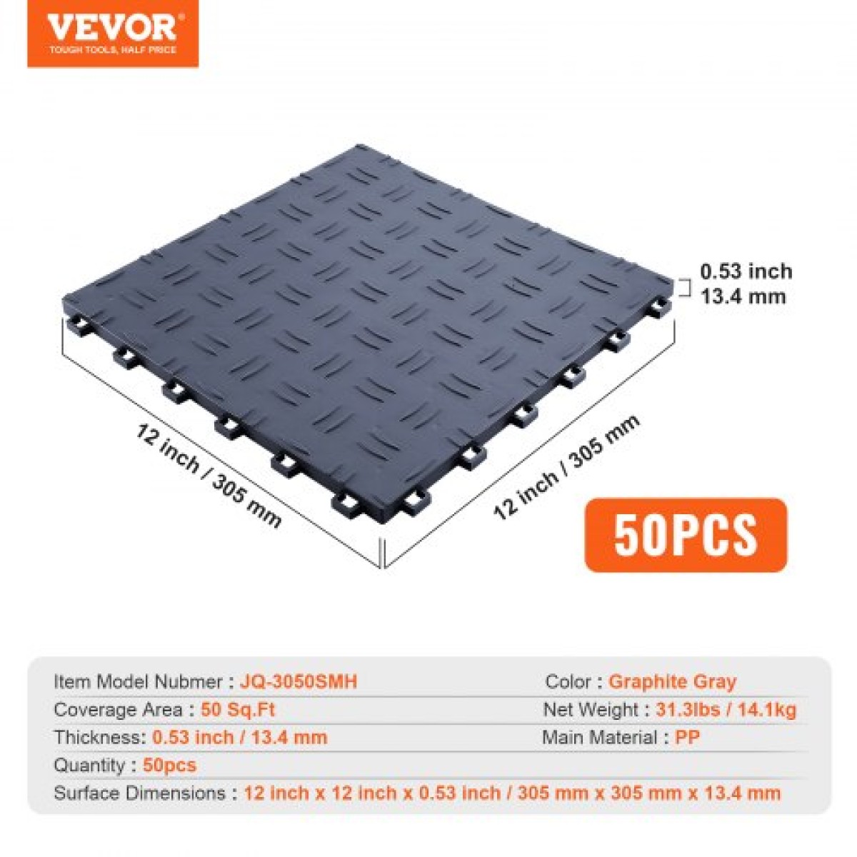 VEVOR Πλακάκια γκαράζ Interlocking, 12 x 12 x 0,53 ιντσών 50 Pack Πλακάκια δαπέδου γκαράζ, αντιολισθητικά πλακάκια δαπέδου γκαράζ διπλής όψης, για γκαράζ, υπόγεια, επισκευαστήρια, γκρι γραφίτη