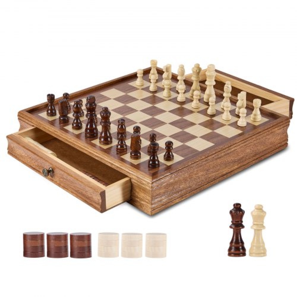 VEVOR Σετ σκακιού από μασίφ ξύλο, Σετ παιχνιδιών Chess Checkers 15 ιντσών 2-ΣΕ-1, Επιτραπέζια παιχνίδια σκακιού με συρτάρι αποθήκευσης & ζυγισμένα κομμάτια πούλια σκακιού & 2 βασίλισσες, για ενήλικες Παιδικό τουρνουά Επαγγελματίας αρχαρίου