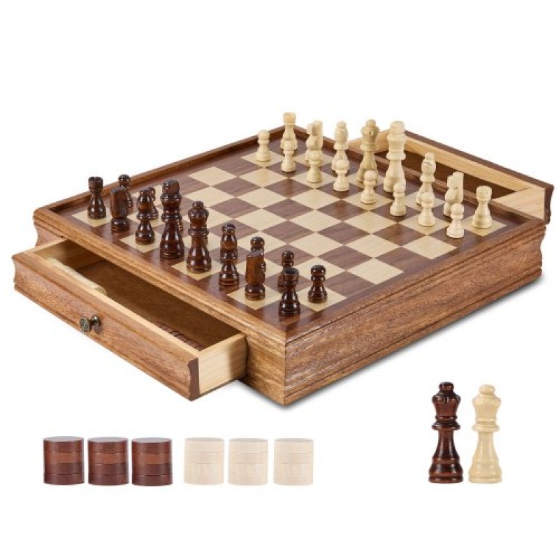 VEVOR Σετ σκακιού από μασίφ ξύλο, Σετ παιχνιδιών Chess Checkers 15 ιντσών 2-ΣΕ-1, Επιτραπέζια παιχνίδια σκακιού με συρτάρι αποθήκευσης & ζυγισμένα κομμάτια πούλια σκακιού & 2 βασίλισσες, για ενήλικες Παιδικό τουρνουά Επαγγελματίας αρχαρίου