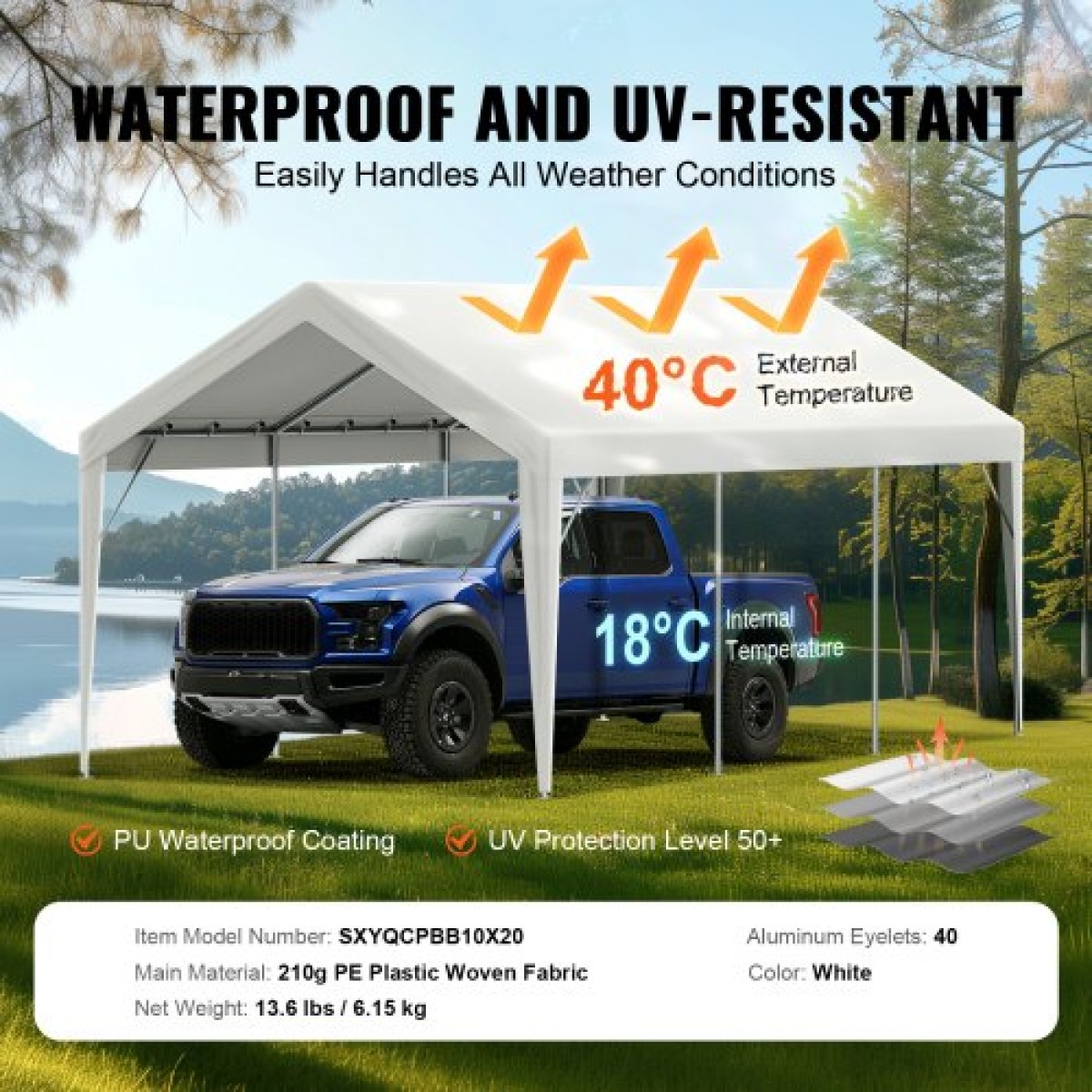 Ανταλλακτικό κάλυμμα κουβούκλιο VEVOR Carport 6100 x 3040 mm, προστατευτικό κάλυμμα σκηνών γκαράζ βαρέως τύπου αδιάβροχο & προστατευμένο από την υπεριώδη ακτινοβολία, Εύκολη εγκατάσταση με μπάντζες μπάλας, Λευκό (Μόνο επάνω κάλυμμα, Δεν περιλαμβάνεται