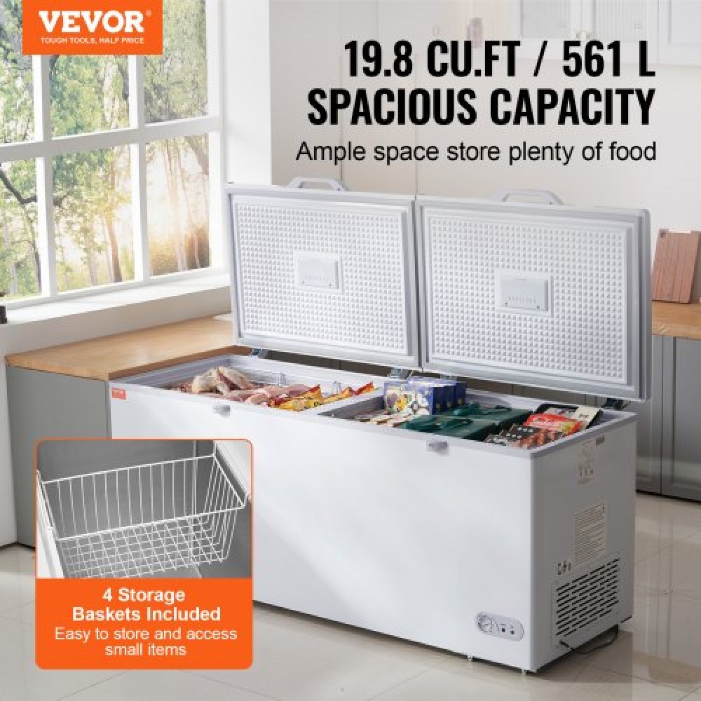 Καταψύκτης στήθους VEVOR, 19,8 cu.ft / 561 L Μεγάλη κατάψυξη με διπλό κλείδωμα, ανεξάρτητος εμπορικός καταψύκτης & 4 αφαιρούμενα καλάθια, ρυθμιζόμενη θερμοκρασία 7 επιπέδων, φως LED, 6 τροχοί