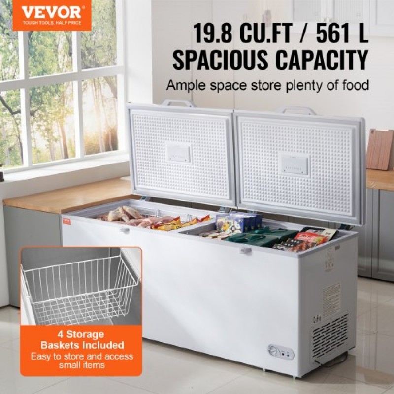 Καταψύκτης στήθους VEVOR, 19,8 cu.ft / 561 L Μεγάλη κατάψυξη με διπλό κλείδωμα, ανεξάρτητος εμπορικός καταψύκτης & 4 αφαιρούμενα καλάθια, ρυθμιζόμενη θερμοκρασία 7 επιπέδων, φως LED, 6 τροχοί