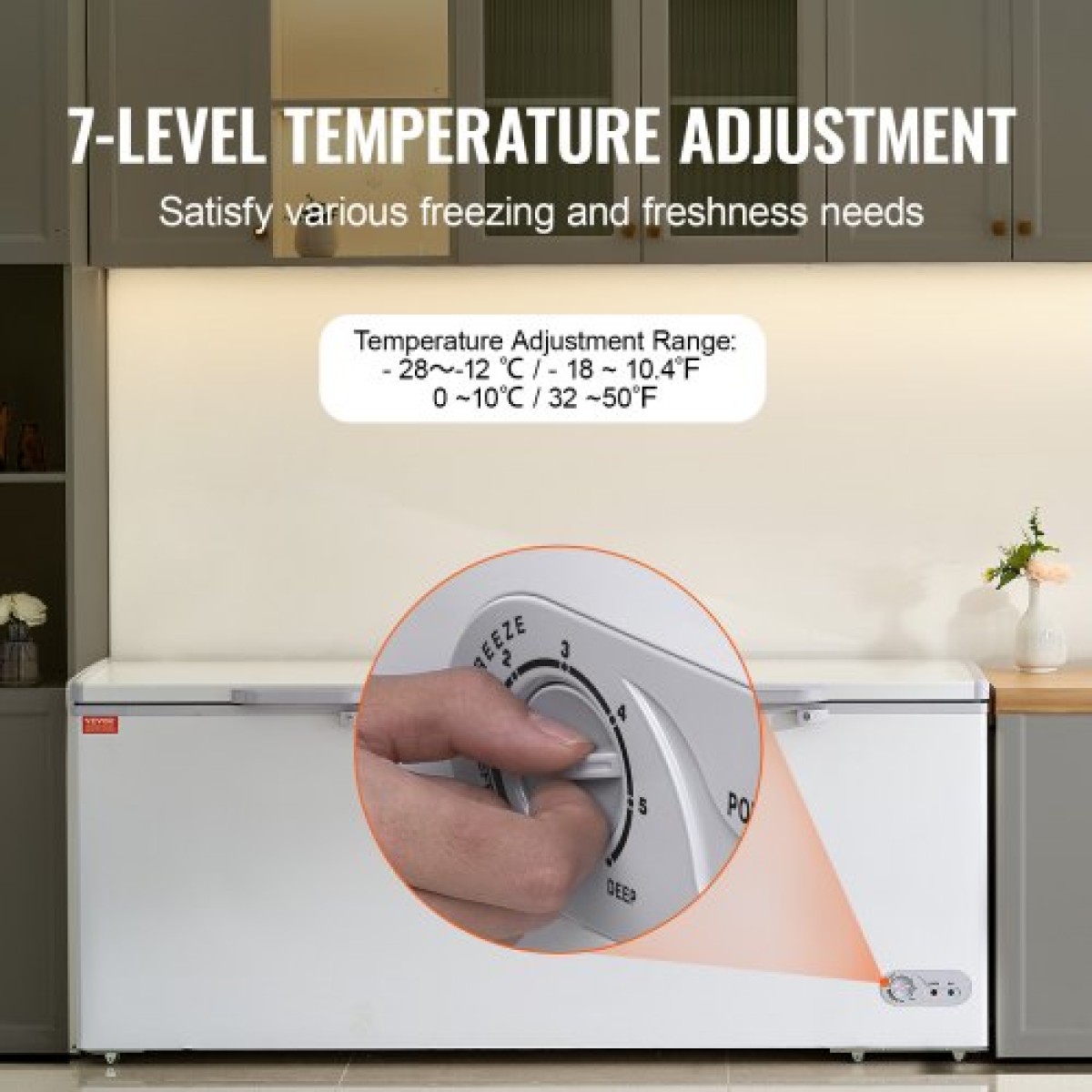 Καταψύκτης στήθους VEVOR, 19,8 cu.ft / 561 L Μεγάλη κατάψυξη με διπλό κλείδωμα, ανεξάρτητος εμπορικός καταψύκτης & 4 αφαιρούμενα καλάθια, ρυθμιζόμενη θερμοκρασία 7 επιπέδων, φως LED, 6 τροχοί