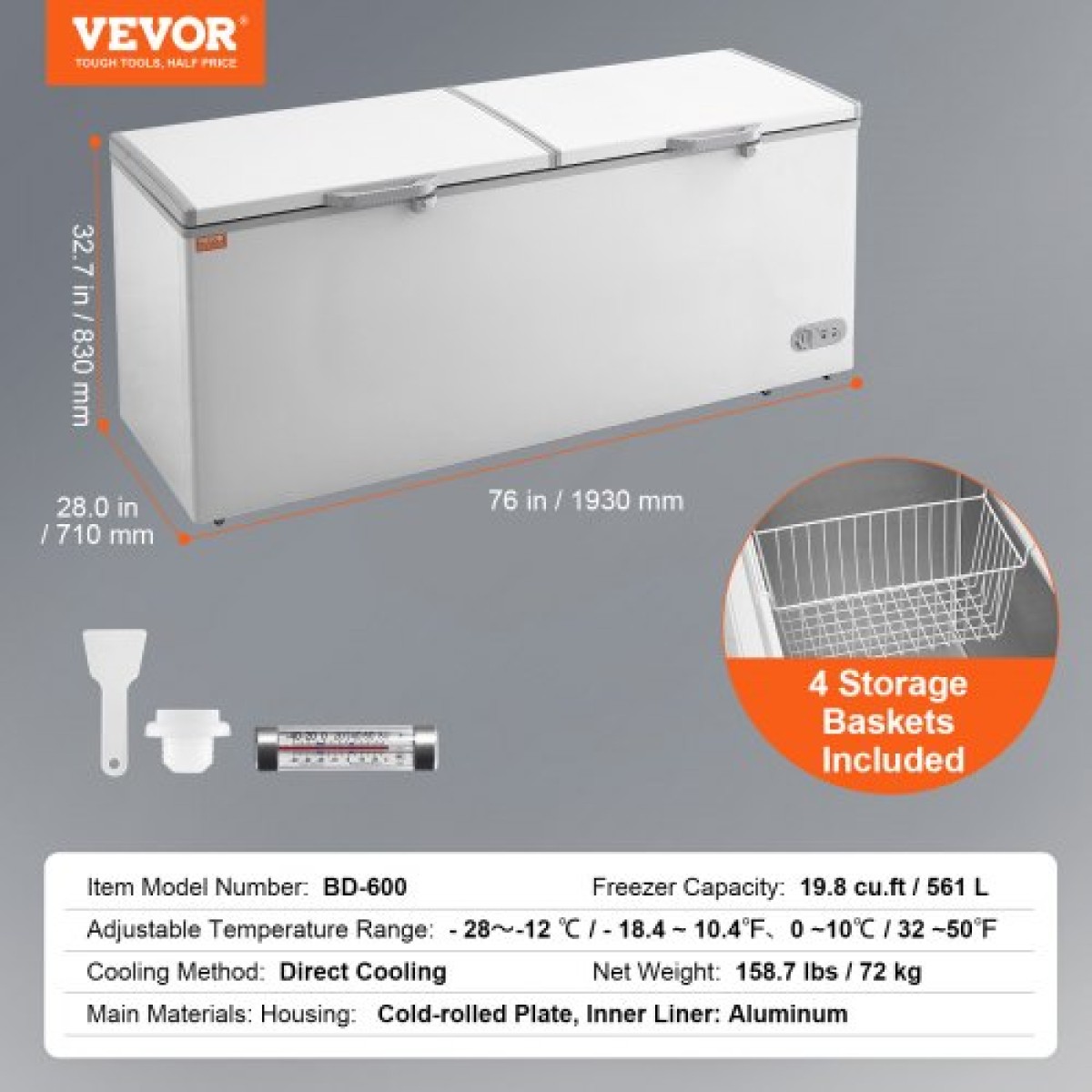 Καταψύκτης στήθους VEVOR, 19,8 cu.ft / 561 L Μεγάλη κατάψυξη με διπλό κλείδωμα, ανεξάρτητος εμπορικός καταψύκτης & 4 αφαιρούμενα καλάθια, ρυθμιζόμενη θερμοκρασία 7 επιπέδων, φως LED, 6 τροχοί