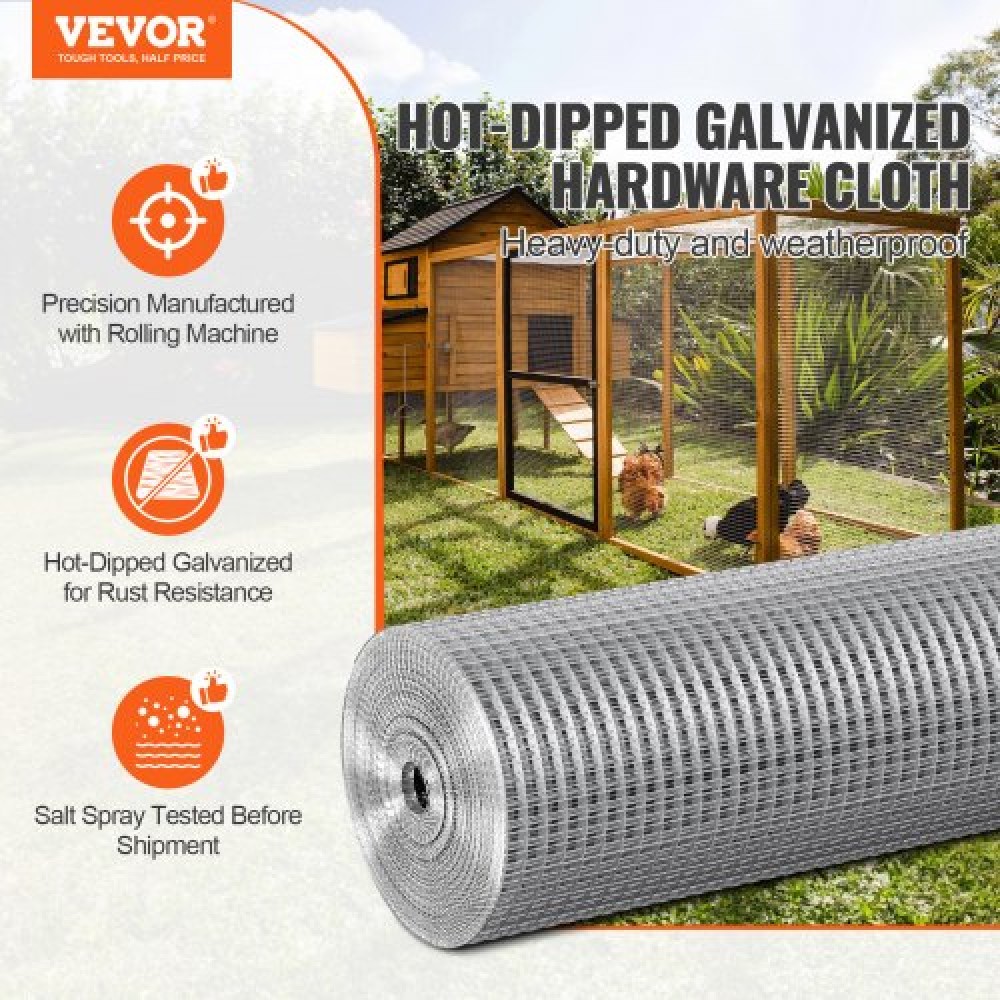 Πανί υλικού VEVOR, 1/2 ιντσών 24 ιντσών x 50 πόδια 19 μετρητή, γαλβανισμένο ρολό από συρμάτινο πλέγμα εν θερμώ, περίφραξη από σύρμα κοτόπουλου, συρμάτινο πλέγμα για κλουβιά κουνελιών, κήπος, μικρά τρωκτικά