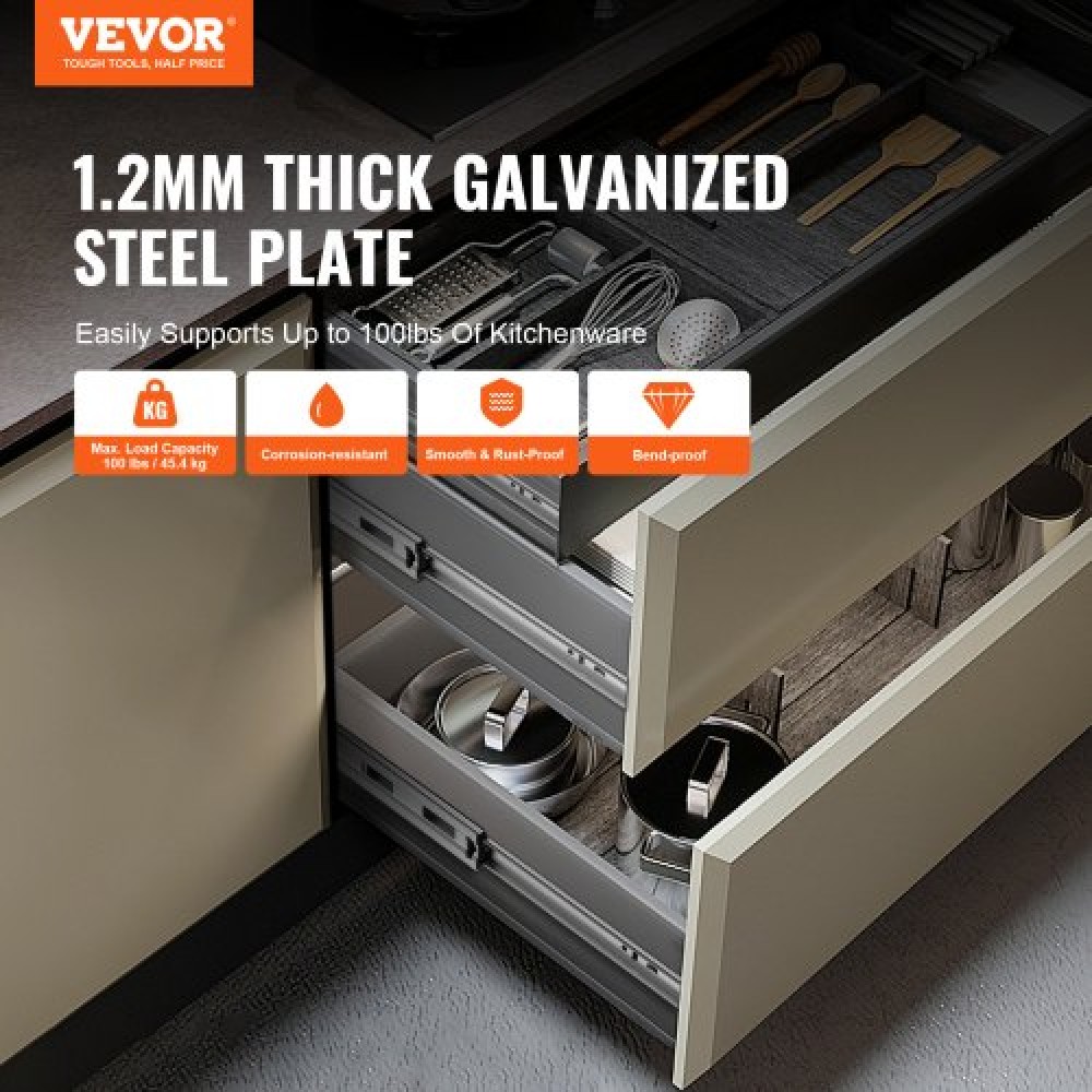 VEVOR 6 ζεύγη 406,4 χιλιοστών συρταριών συρταριών πλαϊνής βάσης, βαρέως τύπου, πλήρους επέκτασης χαλύβδινη ράγα, Soft-close Noiseless Guide Glides Ντουλάπα κουζίνας με ρουλεμάν, χωρητικότητα φόρτωσης 100 Lbs