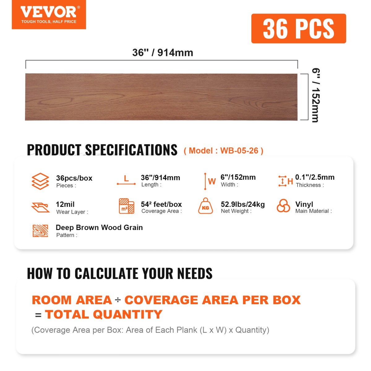 VEVOR Αυτοκόλλητα πλακάκια δαπέδου βινυλίου 36 x 6 ιντσών, 36 πλακάκια πάχους 2,5 mm, ξεφλούδισμα & ραβδί, βαθύ καφέ ξύλινο δάπεδο DIY για κουζίνα, τραπεζαρία, υπνοδωμάτια και μπάνια, Εύκολη διακόσμηση σπιτιού