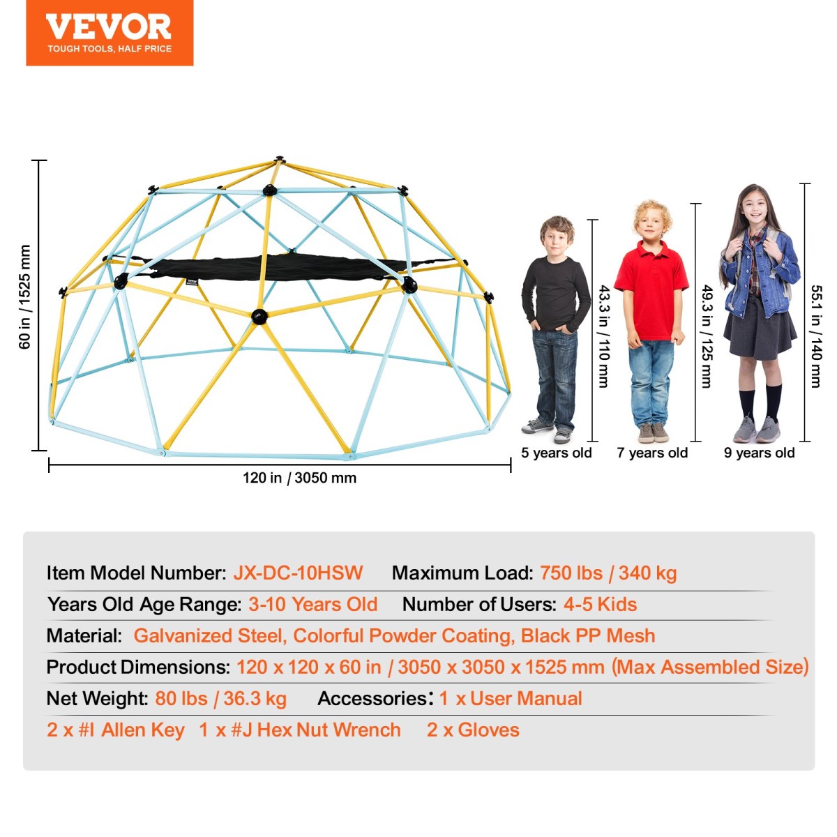 VEVOR Climbing Dome, 10FT Geometric Dome Climber με αιώρα και κούνια, για παιδιά 3 έως 10 ετών, Jungle Gym που υποστηρίζει 750LBS και εύκολη συναρμολόγηση, με λαβή αναρρίχησης, εξοπλισμό για παιχνίδι στην αυλή εξωτερικού χώρου