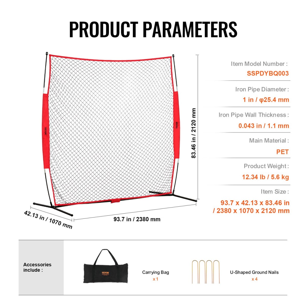 VEVOR Barricade Backstop Net, 7x7 ft Ball Sports Barrier Network, Φορητός εξοπλισμός εξάσκησης με τσάντα μεταφοράς, οθόνη προστασίας για προπόνηση χόκεϊ ποδοσφαίρου Baseball Softball Lacrosse, για Backyard
