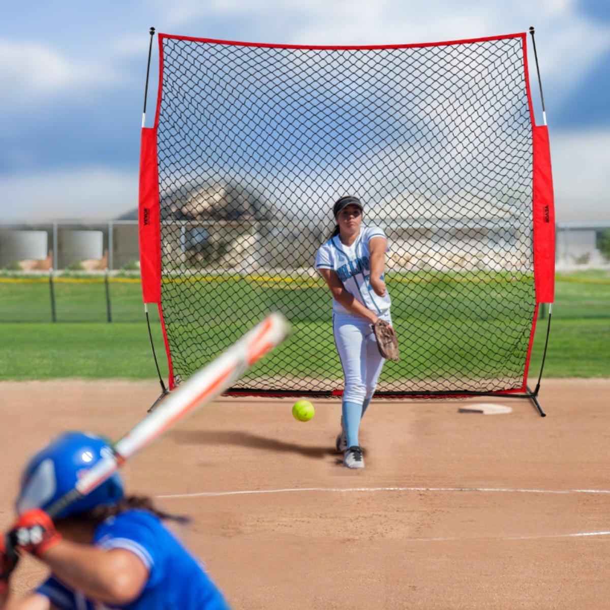 VEVOR Barricade Backstop Net, 7x7 ft Ball Sports Barrier Network, Φορητός εξοπλισμός εξάσκησης με τσάντα μεταφοράς, οθόνη προστασίας για προπόνηση χόκεϊ ποδοσφαίρου Baseball Softball Lacrosse, για Backyard