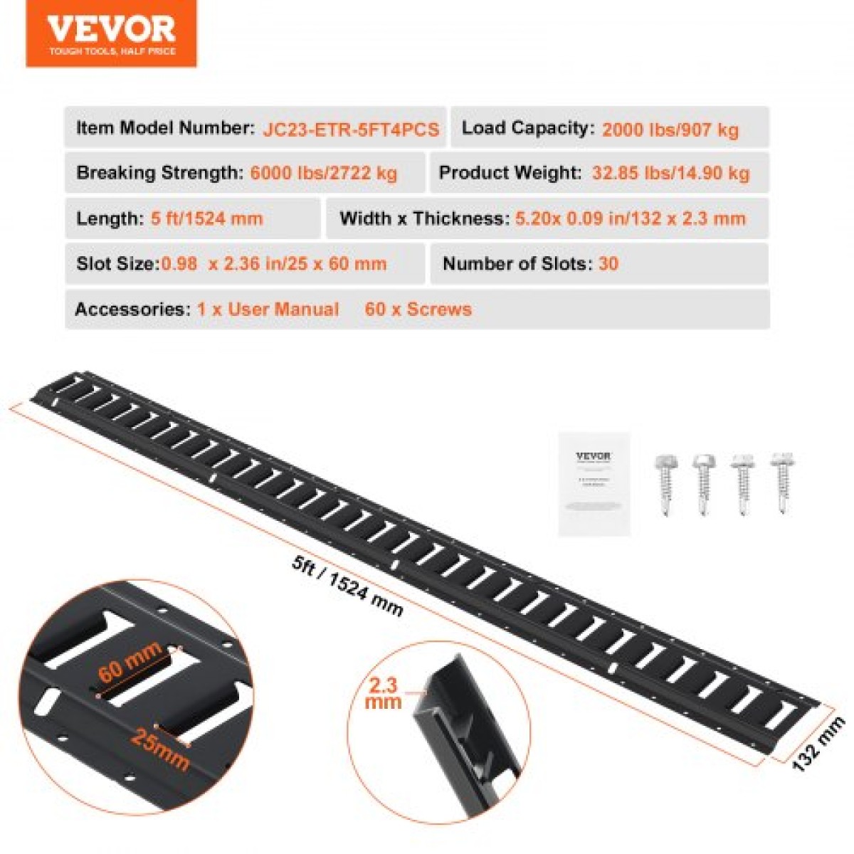 VEVOR E Track Tie Down Rail Kit, 5' Steel Rails, 4 Pack, Secure Cargo & Heavy Loads έως 2000 lbs, Heavy Duty Etrack Rails με βίδες για γκαράζ, φορτηγά, τρέιλερ, δέσιμο μοτοσυκλετών, βάσεις ATV