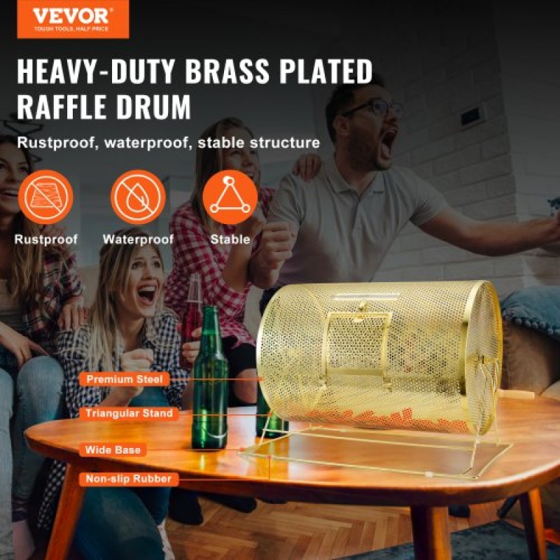 VEVOR Raffle Drum, 14.8 x Ø21.26 inch Brass Plated Raffle Ticket Spinning Cage, Holds 10000 Tickets or 300 Ping Pong Balls, Metal Lottery Spinning Drawing with Wooden Turning Handle, for Bingo Ballot