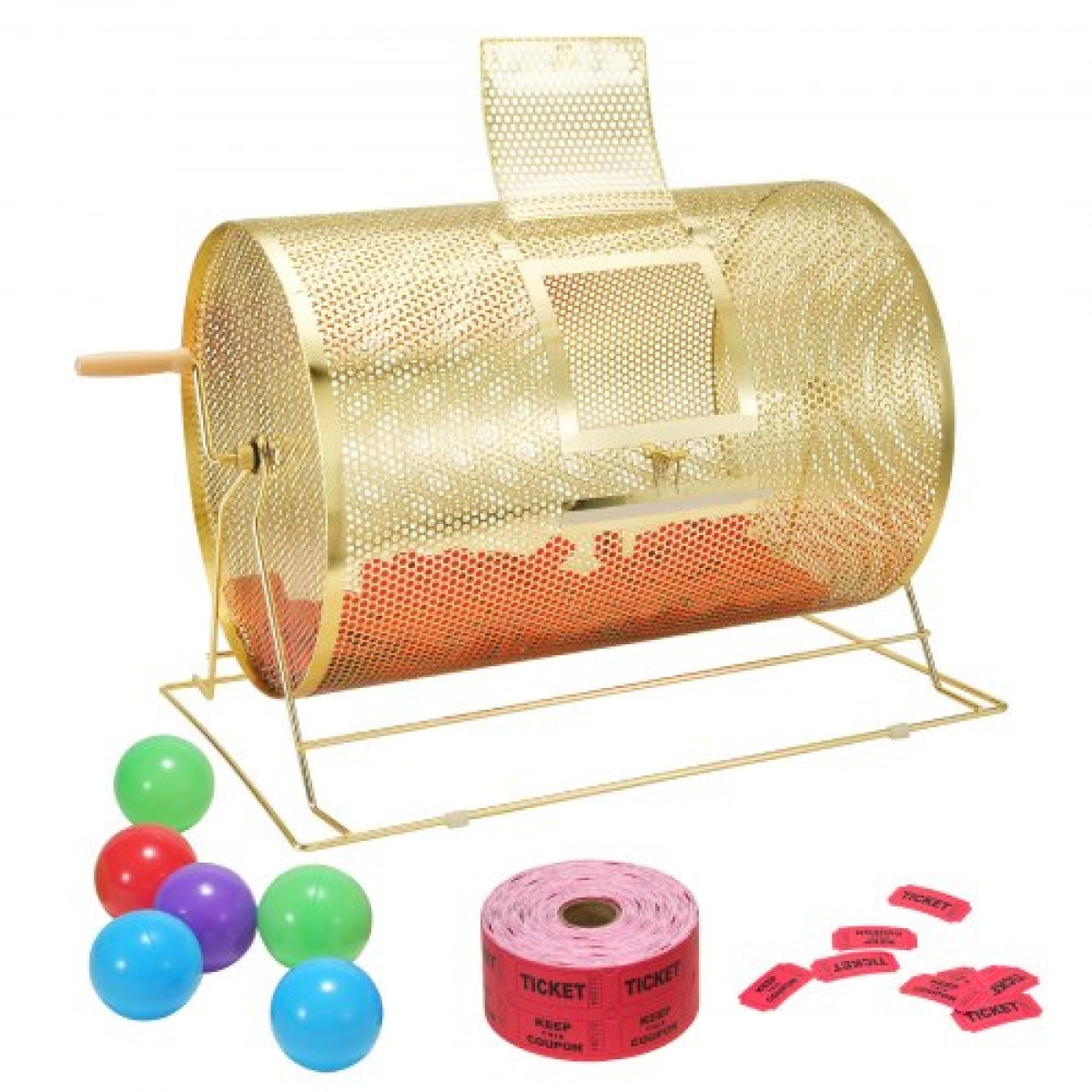 VEVOR Raffle Drum, 14,8 x Ø21,26 ιντσών με μπρούτζο επιμεταλλωμένο κλωβό λοταρίας, χωράει 10000 εισιτήρια ή 300 μπάλες πινγκ πονγκ, μεταλλικό σχέδιο λοταρίας με ξύλινη περιστροφική λαβή, για ψηφοδέλτιο Bingo