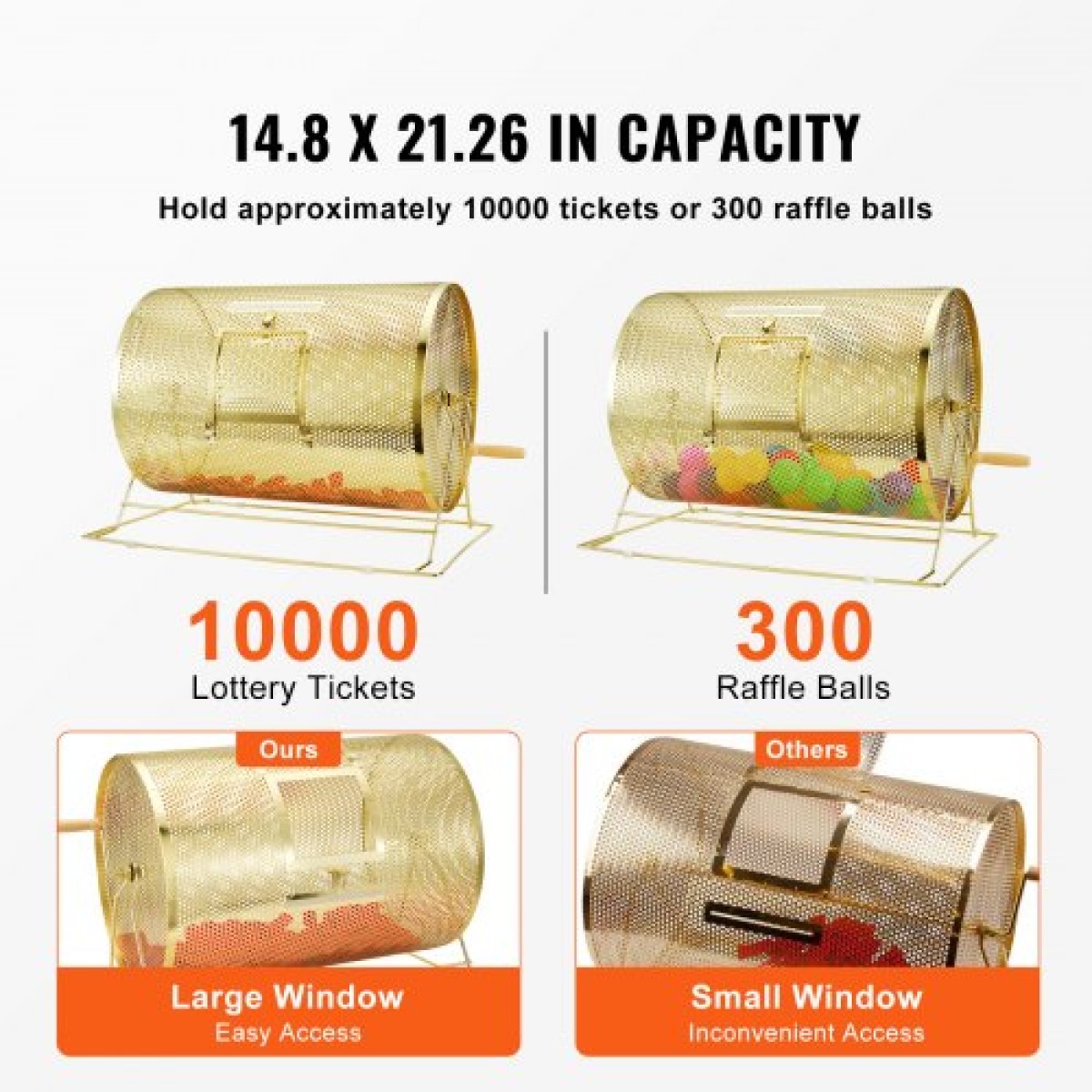 VEVOR Raffle Drum, 14,8 x Ø21,26 ιντσών με μπρούτζο επιμεταλλωμένο κλωβό λοταρίας, χωράει 10000 εισιτήρια ή 300 μπάλες πινγκ πονγκ, μεταλλικό σχέδιο λοταρίας με ξύλινη περιστροφική λαβή, για ψηφοδέλτιο Bingo