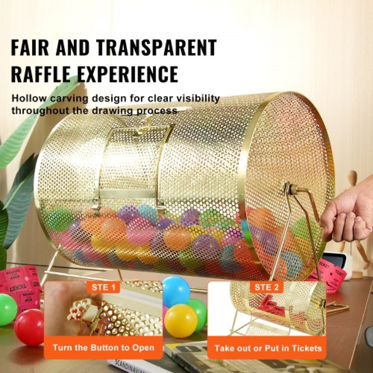 VEVOR Raffle Drum, 14,8 x Ø21,26 ιντσών με μπρούτζο επιμεταλλωμένο κλωβό λοταρίας, χωράει 10000 εισιτήρια ή 300 μπάλες πινγκ πονγκ, μεταλλικό σχέδιο λοταρίας με ξύλινη περιστροφική λαβή, για ψηφοδέλτιο Bingo