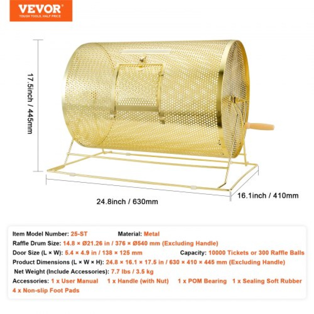 VEVOR Raffle Drum, 14,8 x Ø21,26 ιντσών με μπρούτζο επιμεταλλωμένο κλωβό λοταρίας, χωράει 10000 εισιτήρια ή 300 μπάλες πινγκ πονγκ, μεταλλικό σχέδιο λοταρίας με ξύλινη περιστροφική λαβή, για ψηφοδέλτιο Bingo