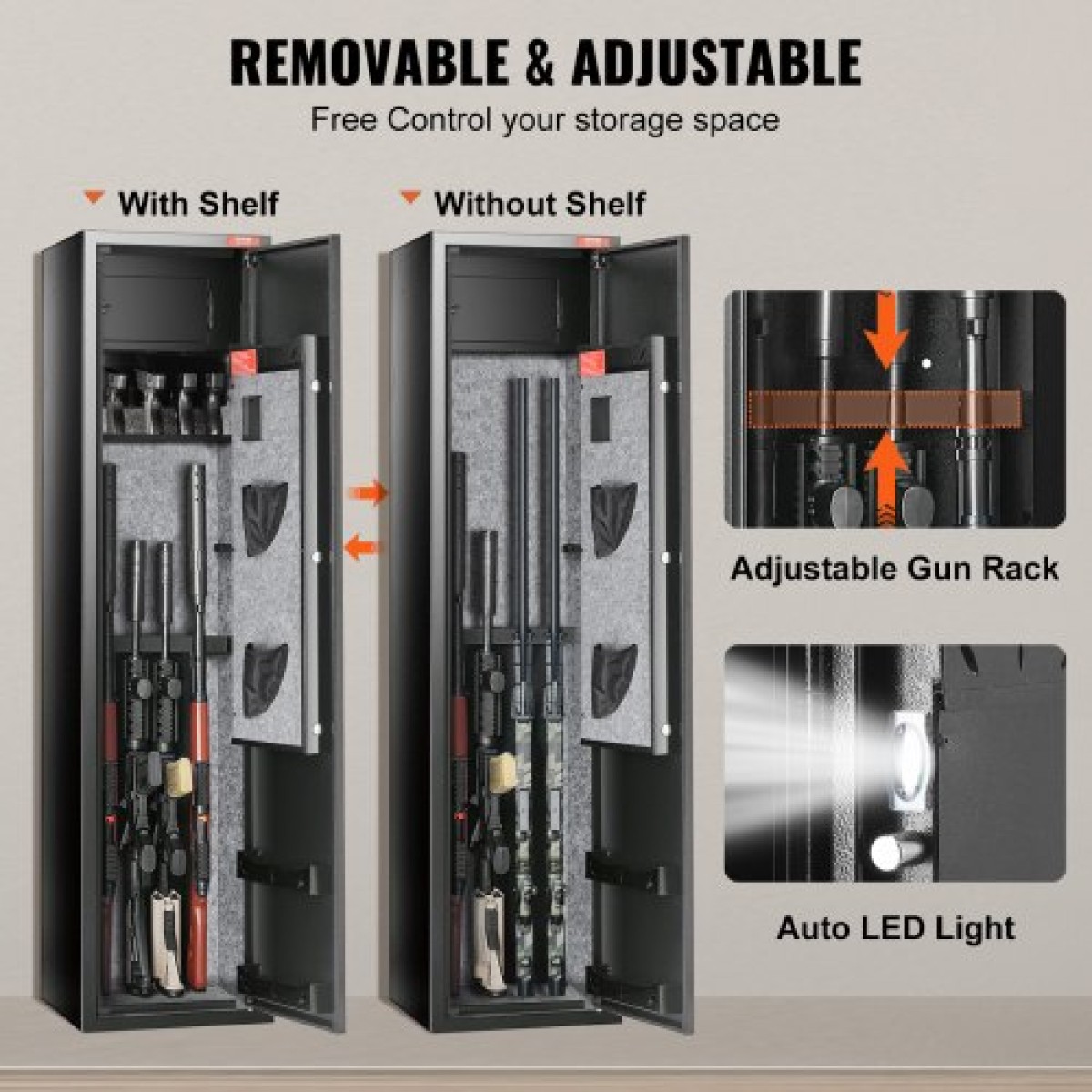 VEVOR 5 Rifles Gun Safe, Rifle Safe με δακτυλικό αποτύπωμα & ψηφιακή κλειδαριά, ντουλάπι αποθήκευσης όπλων με ενσωματωμένο ντουλάπι αποθήκευσης, αφαιρούμενο ράφι αποθήκευσης για το σπίτι Long Gun και πιστόλια