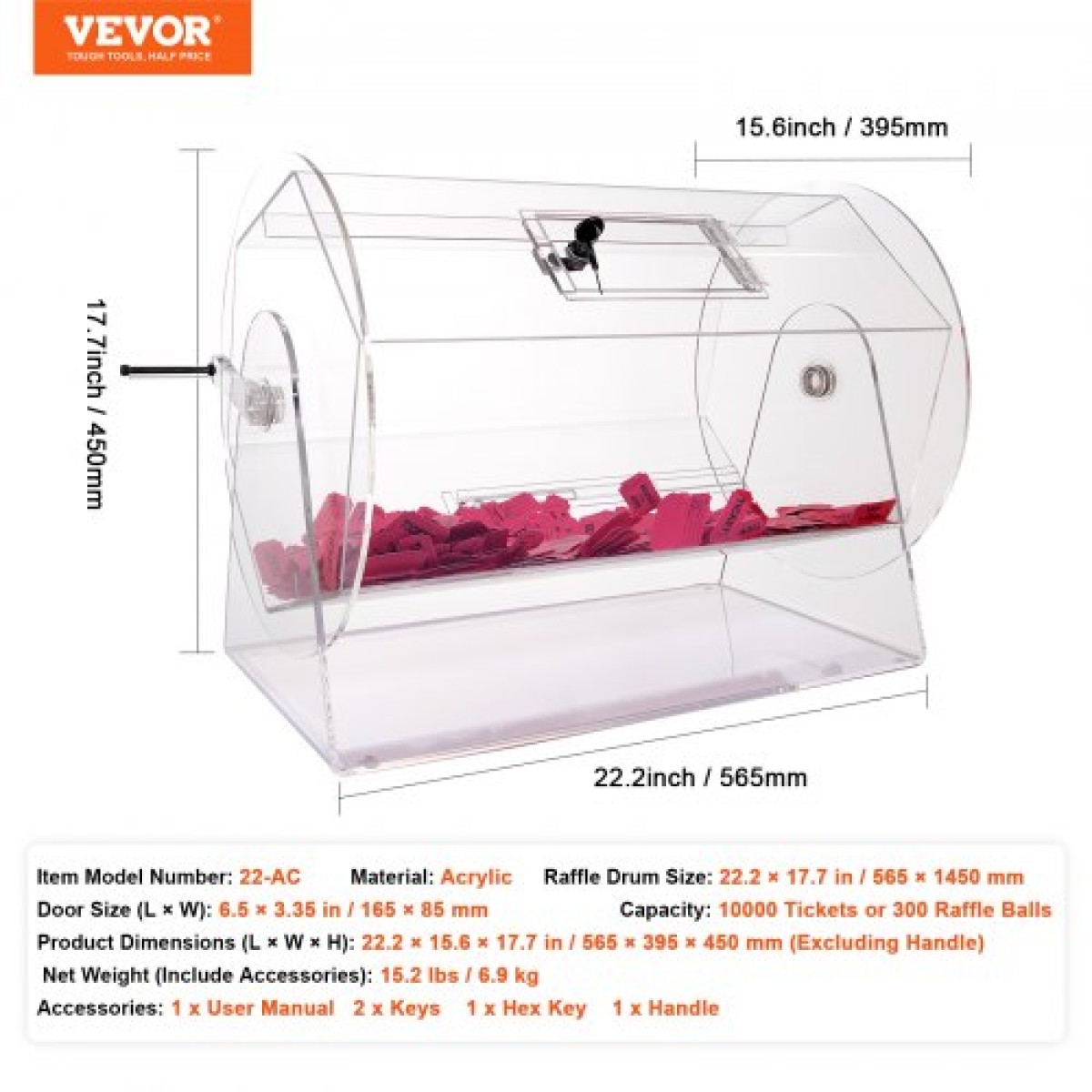 VEVOR Acrylic Raffle Drum, Χωράει 10000 Tickets ή 300 Raffle Balls, Professional Raffle Ticket Spinning Cage with 2 Keys, Transparent Lottery Spinning Drawing, Raffle Ticket Box for Games Lottery Bing