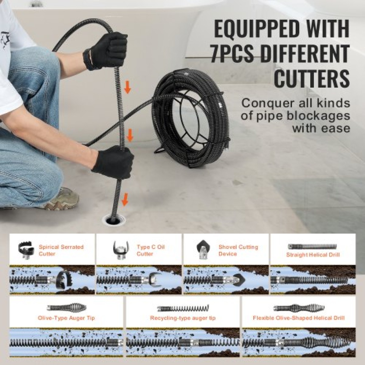 VEVOR Sectional Drain Cable Cleaning Cable 100FT/30,5 m x 5/8In/1,6 cm & 7 Cutters for 0,8"-3,9"/2-10 cm Pipes