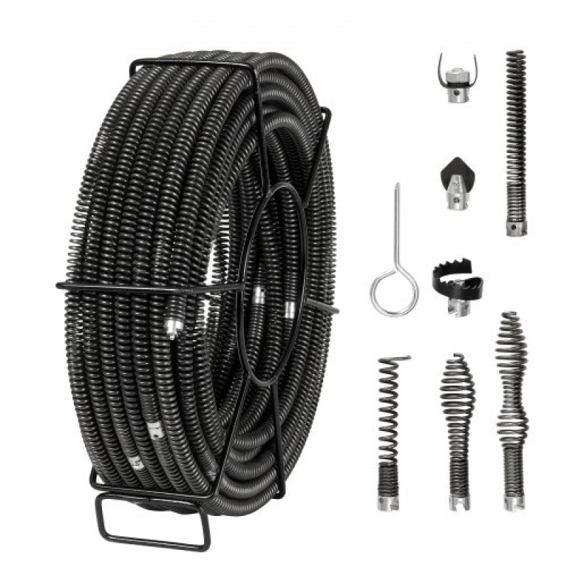 VEVOR Sectional Drain Cable Cleaning Cable 100FT/30,5 m x 5/8In/1,6 cm & 7 Cutters for 0,8"-3,9"/2-10 cm Pipes