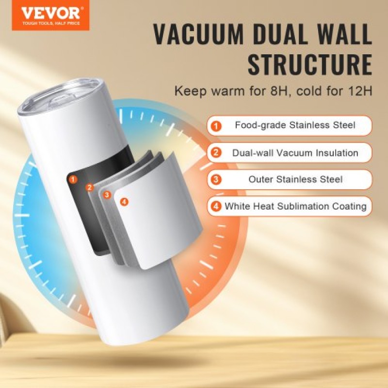 VEVOR 50 Pack Straight Sublimation Tumblers, 20 oz/567 g Blank Tumbler Bulk, από ανοξείδωτο χάλυβα διπλού τοιχώματος ποτηράκια με άχυρο, καπάκι, βούρτσα, βάση, συρρικνωμένο περιτύλιγμα, κουτί δώρου, για πρέσα θερμότητας και μεταφορά θερμότητας