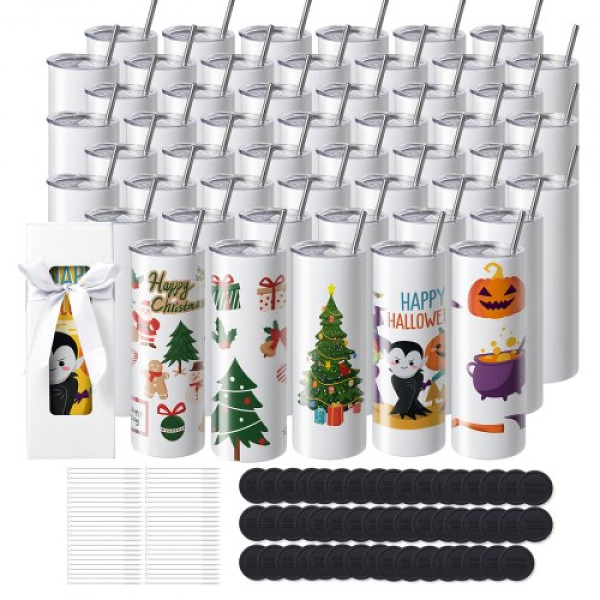 VEVOR 50 Pack Straight Sublimation Tumblers, 20 oz/567 g Blank Tumbler Bulk, από ανοξείδωτο χάλυβα διπλού τοιχώματος ποτηράκια με άχυρο, καπάκι, βούρτσα, βάση, συρρικνωμένο περιτύλιγμα, κουτί δώρου, για πρέσα θερμότητας και μεταφορά θερμότητας