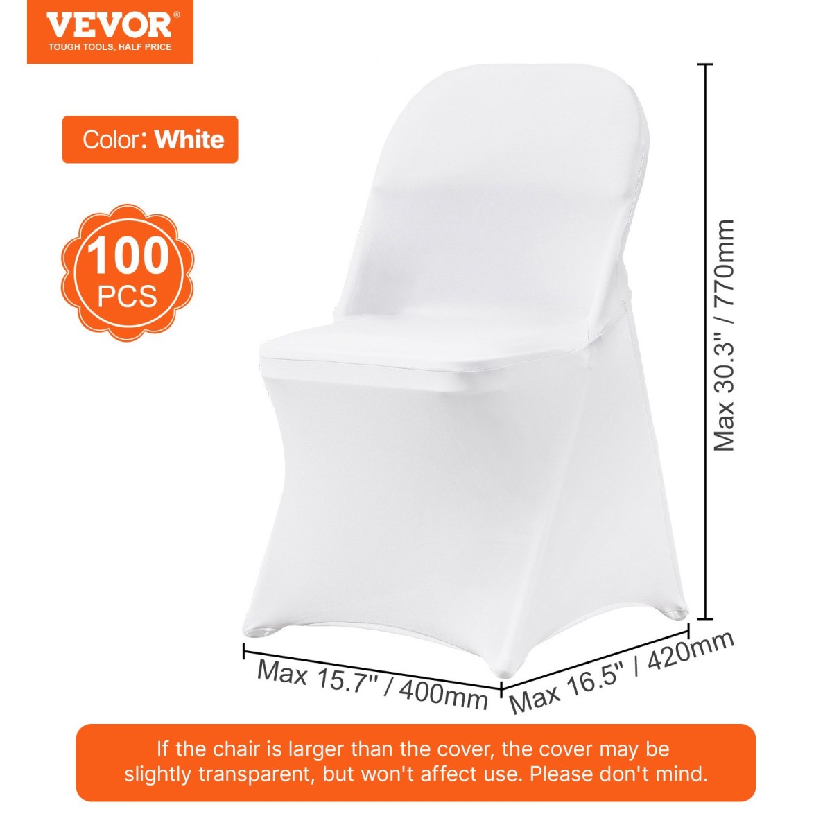 Πτυσσόμενα καλύμματα καρέκλας VEVOR Stretch Spandex, Universal Εφαρμοσμένο κάλυμμα καρέκλας, Αφαιρούμενα πλενόμενα προστατευτικά καλύμματα, για γάμους, διακοπές, συμπόσιο, πάρτι, γιορτή, δείπνο (100 τμχ Λευκό)