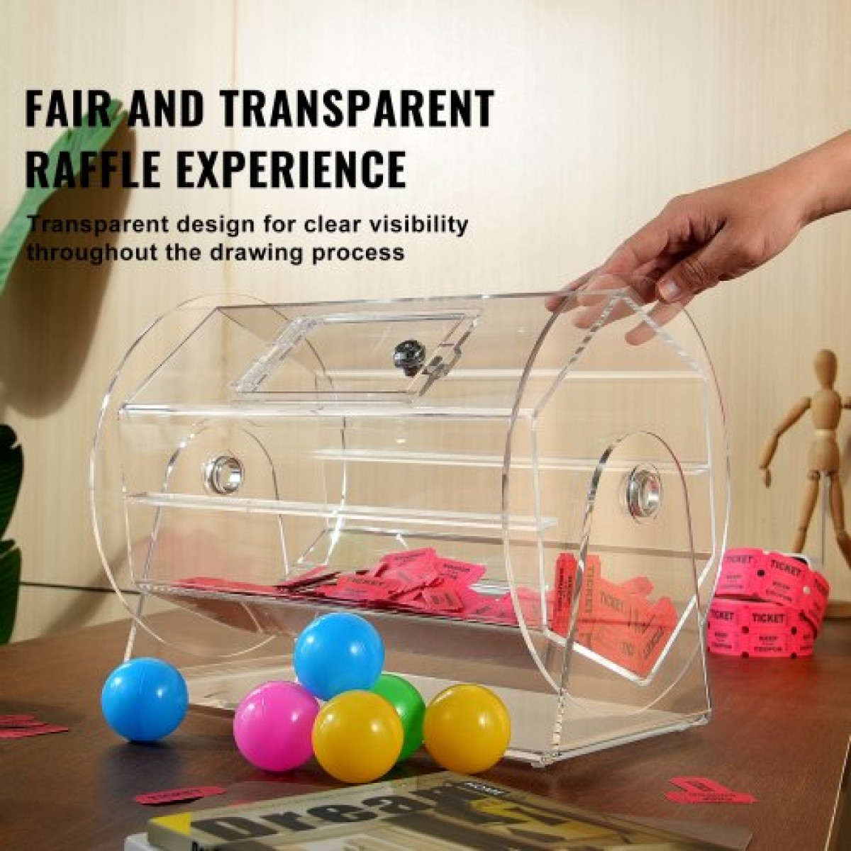 VEVOR Acrylic Raffle Drum, Χωράει 5000 Tickets ή 200 Raffle Balls, Professional Raffle Ticket Spinning Cage with 2 Keys, Transparent Lottery Spinning Drawing, Raffle Ticket Box for Lottery Games Bingo