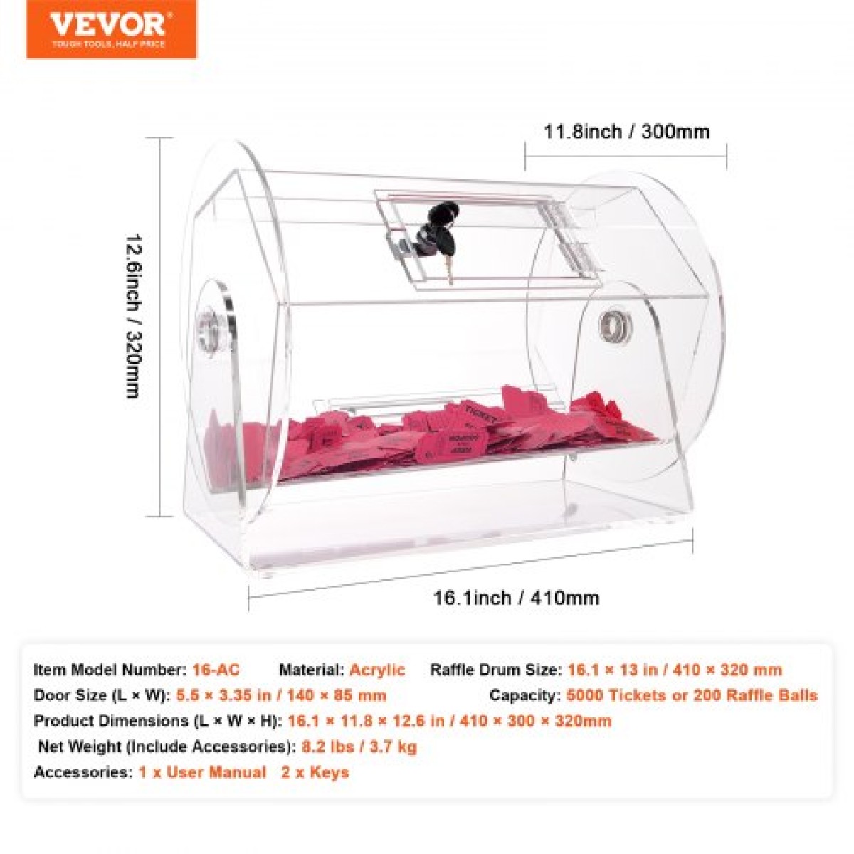 VEVOR Acrylic Raffle Drum, Χωράει 5000 Tickets ή 200 Raffle Balls, Professional Raffle Ticket Spinning Cage with 2 Keys, Transparent Lottery Spinning Drawing, Raffle Ticket Box for Lottery Games Bingo