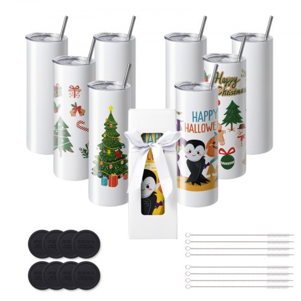 VEVOR 8 Pack Straight Sublimation Tumblers, 20 oz Blank Tumbler Bulk, Stainless Steel Double Wall Tumbler Cups with Straw, Lid, Brush, Base, Shrink Wrap, Gift Box, for Heat Press and Heat Transfer