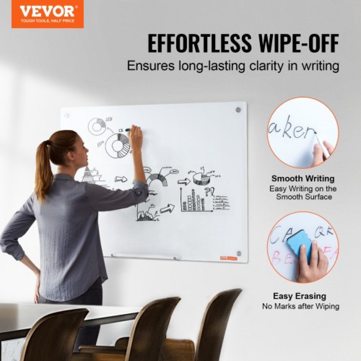 Λευκός πίνακας VEVOR Magnetic Glass, Dry Erase Board 900 x 600 mm, Επιτοίχιος μεγάλος λευκός γυάλινος πίνακας χωρίς πλαίσιο, με δίσκο μαρκαδόρου, γόμα και 2 μαρκαδόρους, λευκό