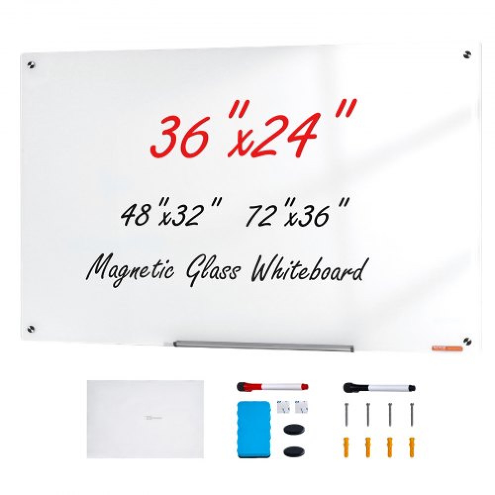Λευκός πίνακας VEVOR Magnetic Glass, Dry Erase Board 900 x 600 mm, Επιτοίχιος μεγάλος λευκός γυάλινος πίνακας χωρίς πλαίσιο, με δίσκο μαρκαδόρου, γόμα και 2 μαρκαδόρους, λευκό