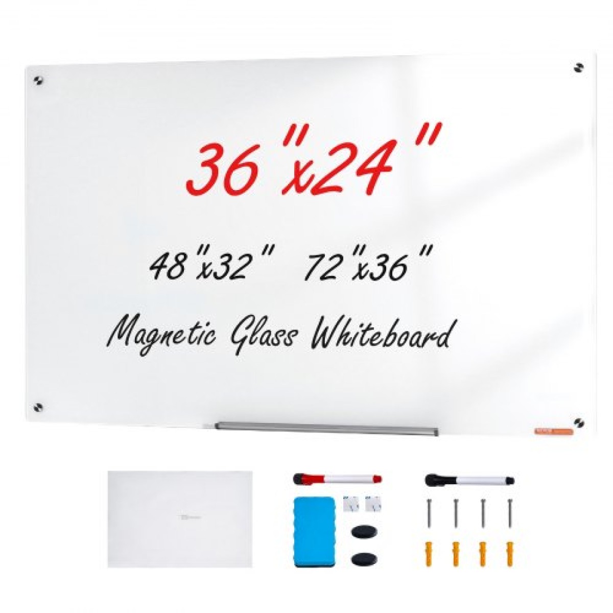 Λευκός πίνακας VEVOR Magnetic Glass, Dry Erase Board 900 x 600 mm, Επιτοίχιος μεγάλος λευκός γυάλινος πίνακας χωρίς πλαίσιο, με δίσκο μαρκαδόρου, γόμα και 2 μαρκαδόρους, λευκό