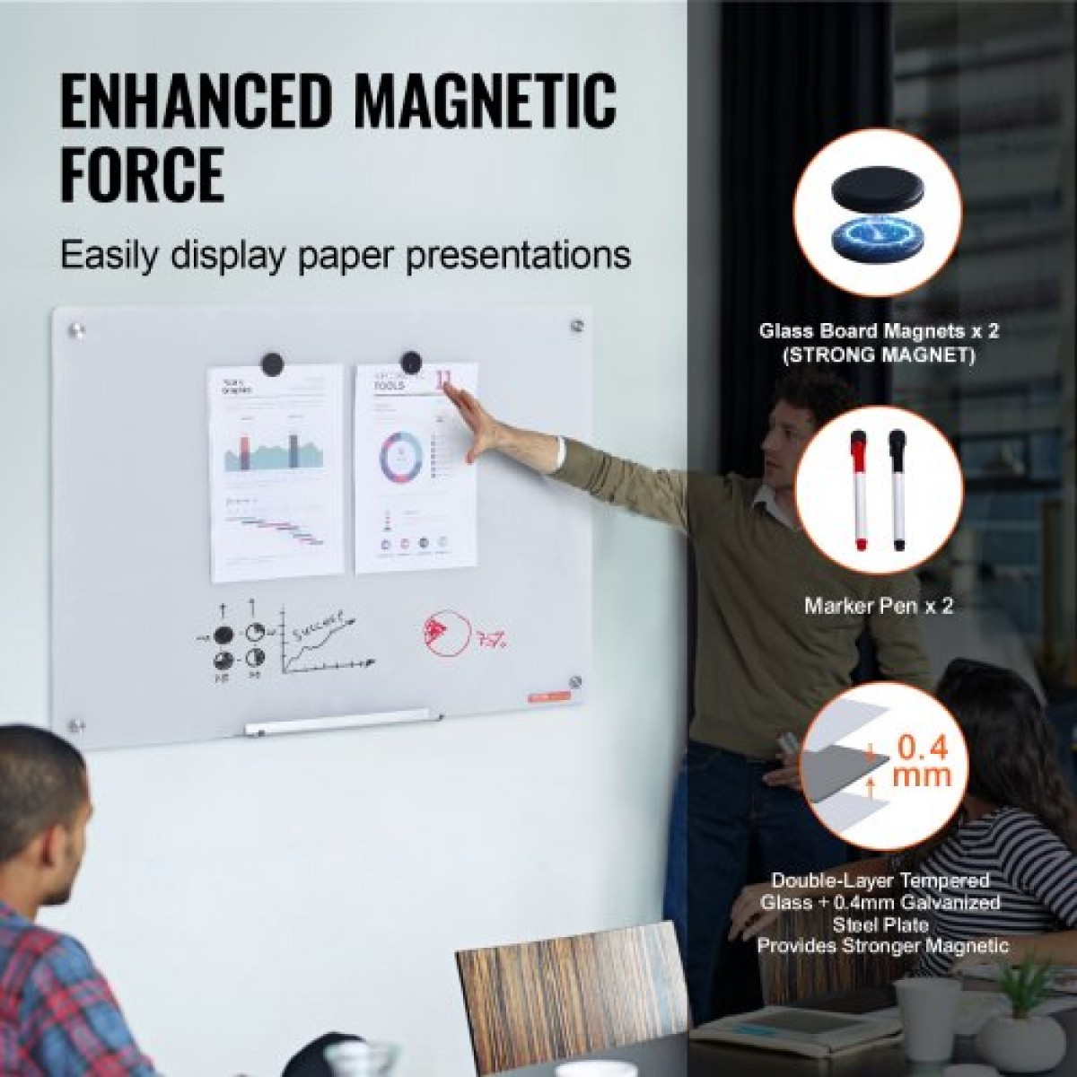 Λευκός πίνακας VEVOR Magnetic Glass, Dry Erase Board 900 x 600 mm, Επιτοίχιος μεγάλος λευκός γυάλινος πίνακας χωρίς πλαίσιο, με δίσκο μαρκαδόρου, γόμα και 2 μαρκαδόρους, λευκό