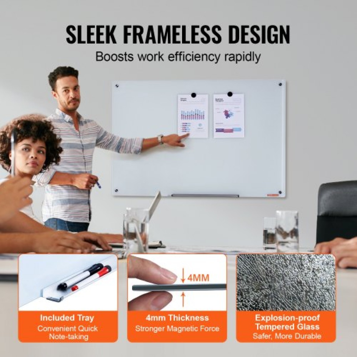 Λευκός πίνακας VEVOR Magnetic Glass, Dry Erase Board 900 x 600 mm, Επιτοίχιος μεγάλος λευκός γυάλινος πίνακας χωρίς πλαίσιο, με δίσκο μαρκαδόρου, γόμα και 2 μαρκαδόρους, λευκό