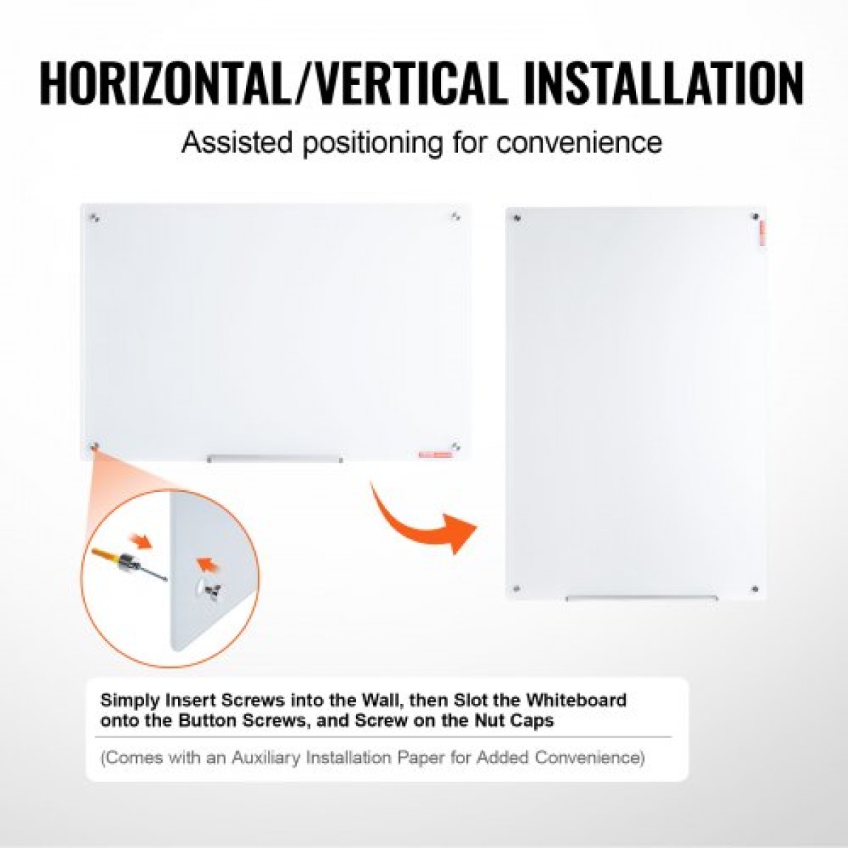 Λευκός πίνακας VEVOR Magnetic Glass, Dry Erase Board 900 x 600 mm, Επιτοίχιος μεγάλος λευκός γυάλινος πίνακας χωρίς πλαίσιο, με δίσκο μαρκαδόρου, γόμα και 2 μαρκαδόρους, λευκό
