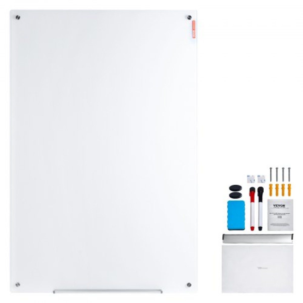 Λευκός πίνακας VEVOR Magnetic Glass, Dry Erase Board 900 x 600 mm, Επιτοίχιος μεγάλος λευκός γυάλινος πίνακας χωρίς πλαίσιο, με δίσκο μαρκαδόρου, γόμα και 2 μαρκαδόρους, λευκό