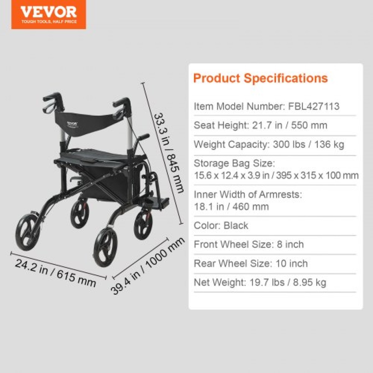 VEVOR 2 σε 1 Rollator Walker & Transport Chair για ηλικιωμένους, Αναδιπλούμενο Rolling Walker Combo & Footrests, Ελαφρύς περιπατητής κινητικότητας αλουμινίου με ρυθμιζόμενη λαβή, τροχοί παντός εδάφους, 136 kg
