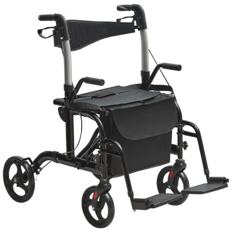 VEVOR 2 σε 1 Rollator Walker & Transport Chair για ηλικιωμένους, Αναδιπλούμενο Rolling Walker Combo & Footrests, Ελαφρύς περιπατητής κινητικότητας αλουμινίου με ρυθμιζόμενη λαβή, τροχοί παντός εδάφους, 136 kg