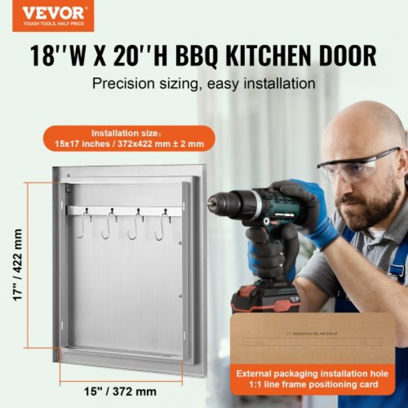 VEVOR BBQ Access Door, 457x508 mm Μονή εξωτερική πόρτα κουζίνας, από ανοξείδωτο ατσάλι, χωνευτή πόρτα, τοίχος κάθετη πόρτα με λαβή και γάντζο, για BBQ Island, Ψητοπωλείο, Εξωτερικό ντουλάπι