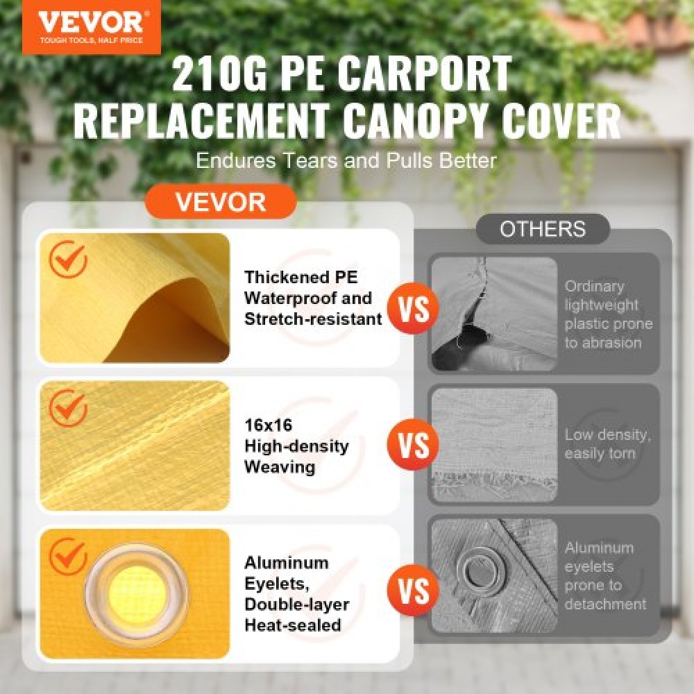 Ανταλλακτικό κάλυμμα κουβούκλιο VEVOR Carport 10 x 20 ft, προστατευτικό κάλυμμα για σκηνή γκαράζ βαρέως τύπου αδιάβροχο και προστασία από την υπεριώδη ακτινοβολία, Εύκολη εγκατάσταση με μπάντζες μπάλας, μπεζ (Μόνο επάνω κάλυμμα, δεν περιλαμβάνεται πλαίσιο