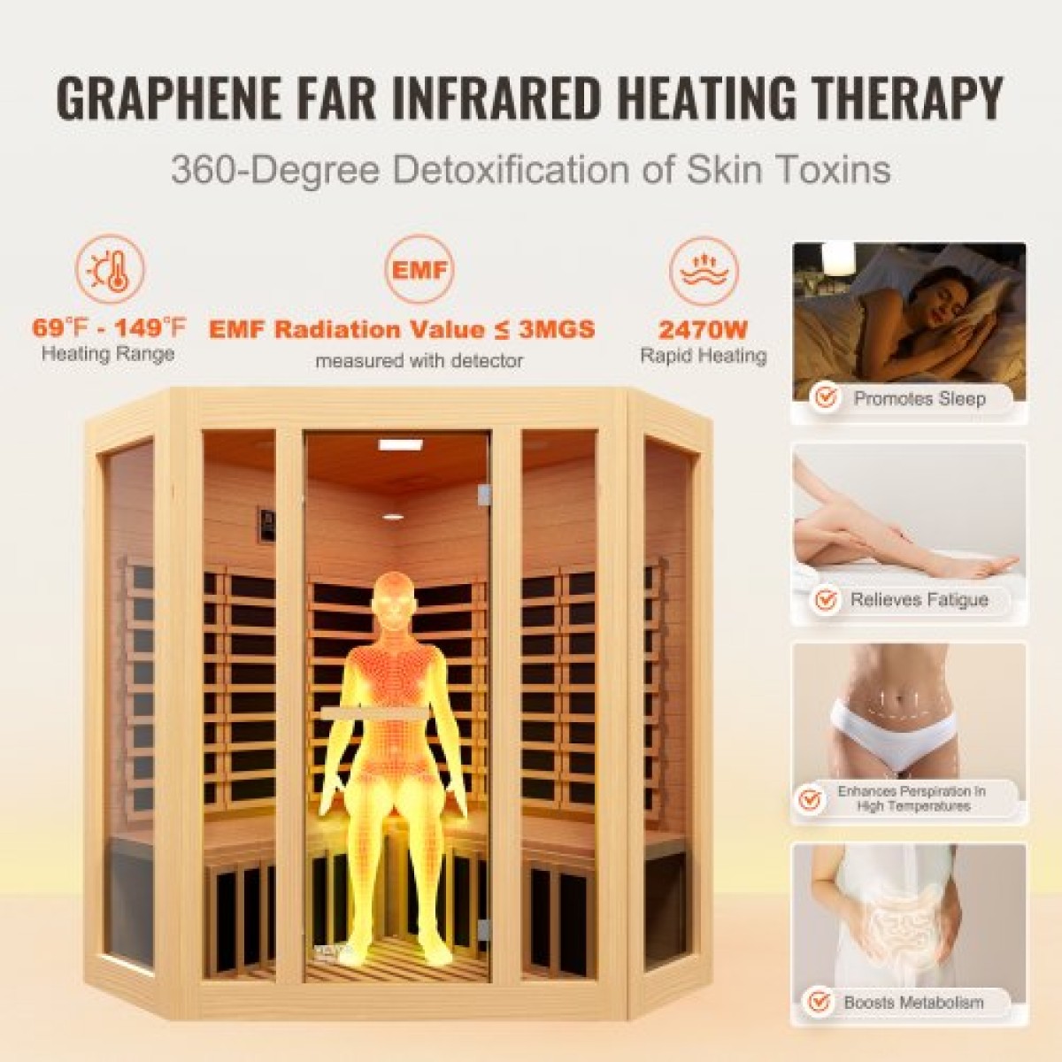 VEVOR Far Infrared Wood Sauna, Room Home Sauna Spa για 3 έως 4 Άτομα, Χαμηλή EMF Far Infrared Ξύλινη Σάουνα με σκληρυμένη γυάλινη πόρτα & ηχεία Bluetooth & φώτα χρωμοθεραπείας, 2470W εσωτερικού χώρου