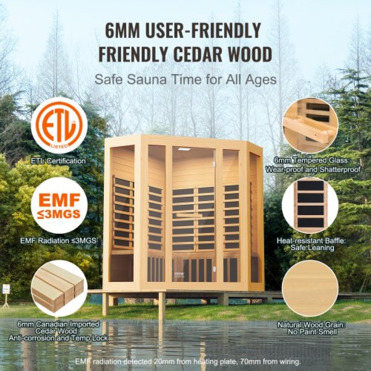 VEVOR Far Infrared Wood Sauna, Room Home Sauna Spa για 3 έως 4 Άτομα, Χαμηλή EMF Far Infrared Ξύλινη Σάουνα με σκληρυμένη γυάλινη πόρτα & ηχεία Bluetooth & φώτα χρωμοθεραπείας, 2470W εσωτερικού χώρου