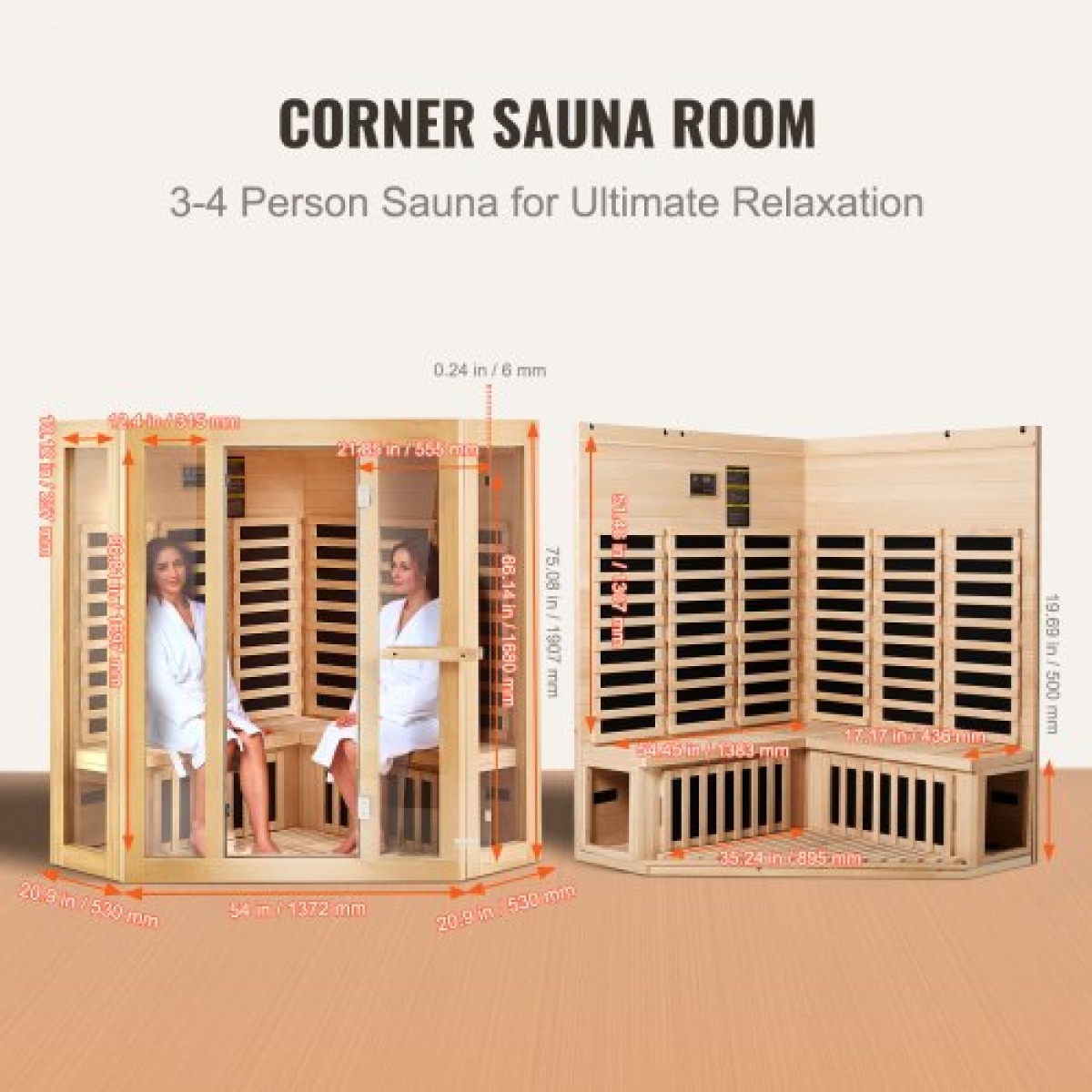VEVOR Far Infrared Wood Sauna, Room Home Sauna Spa για 3 έως 4 Άτομα, Χαμηλή EMF Far Infrared Ξύλινη Σάουνα με σκληρυμένη γυάλινη πόρτα & ηχεία Bluetooth & φώτα χρωμοθεραπείας, 2470W εσωτερικού χώρου